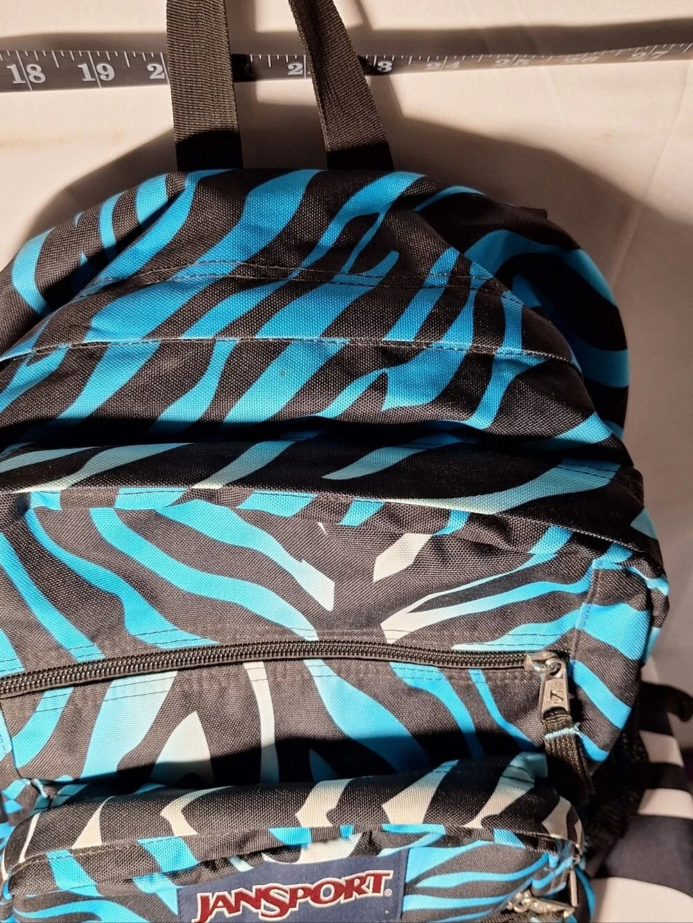 Jansport Backpack, Zebra Stripes, Black & Blue & White w/Blue Accents